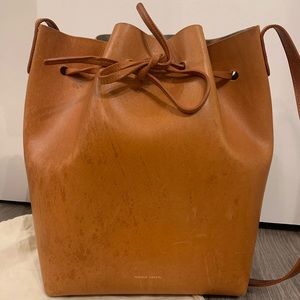 Mansur Gavriel Tan and Silver bucket bag